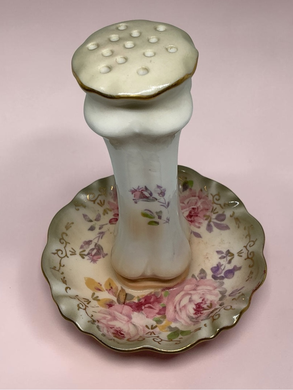 Vintage Hatpin Holder Pink Rose Floral Design Gold Trim Underplate